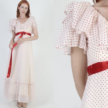 White Polka Swiss Dot Maxi Dress, Vintage 70s Romantic Country Saloon Gown, Full Skirt Plantation Style Prom Outfit 