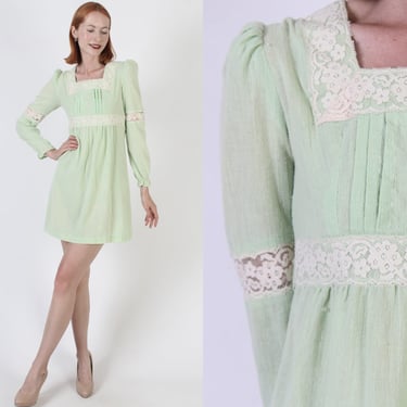Mint Cotton Prairie Crochet Mini Dress Vintage 70s Gauze Boho Sundress High Waisted Peasant Short Frock 