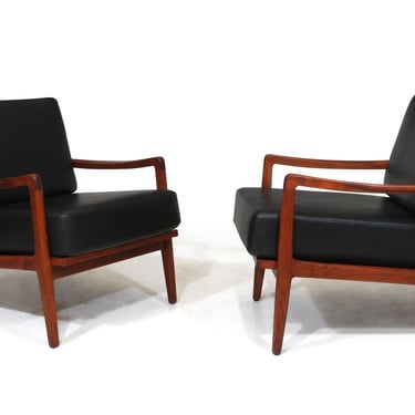 Mid Century Danish Teak Lounge Chairs in New Black Leather
