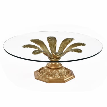 Restored Bohemian Hollywood Regency Round Glass Top Gold Blossoming Flower Coffee Table 