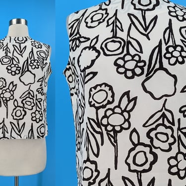 Vintage 60s Flower Line Drawing Print Sleeveless Button Back Shell Top - Sixties Small Floral Print Blouse 