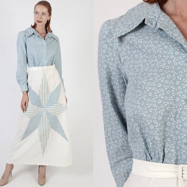 Americana Patchwork Quilt Dress / Vintage 70s Prairiecore Shirtdress / Long Old Fashion Pin Wheel Design 