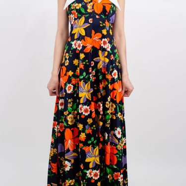 1970s Poly Vibrant Floral Maxi Dress with Dagger Collar