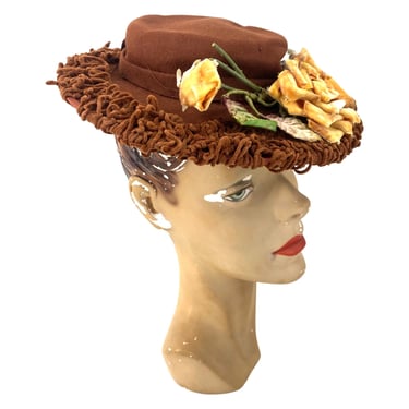 1940s tilt hat, vintage 40s fascinator, brown felt toy hat, WWII era cocktail hat Gabel 