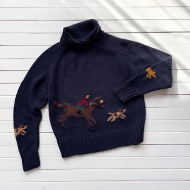 embroidered sweater 90s vintage Pendleton navy blue horse dog hunting scene sweater 