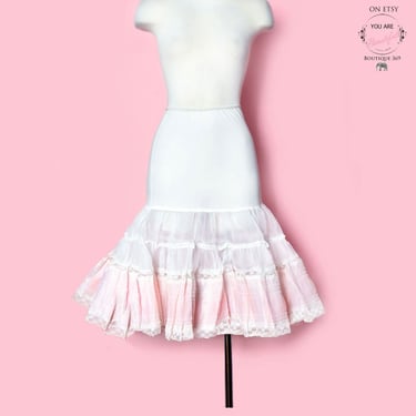 50's Vintage MERMAID PETTICOAT pink & White Tulle, Pinup 1950's Lingerie Dress, Full Skirt, Rockabilly 