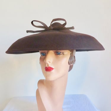 1950's Brown Felt Wide Brim Platter Hat Bow Trim 50's Fall Winter Millinery Rockabilly Retro New York Creation Size 22 