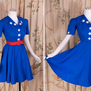 1940s Playsuit - Darling WWII Era Homemade Patriotic Romper Playsuit Set in Royal Blue with Frayed White Stars 