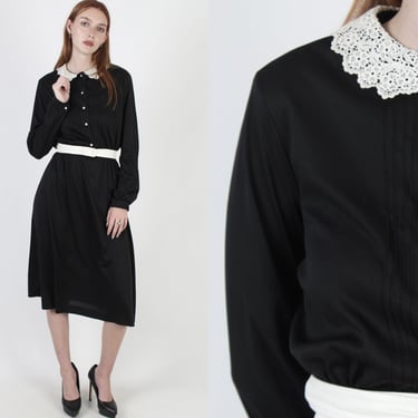 Crochet Lace Peter Pan Collar Dress / Simple Tuxedo Dress / Vintage 80s Black Jersey Midi Dress / Secretary Uniform Dress 
