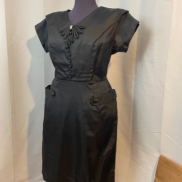 Black Satin Pinup Dress 1950s Goth formal cocktail Rhinestone bow M 