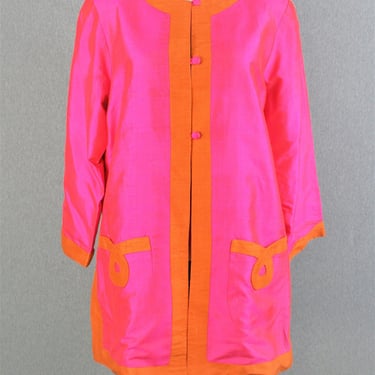Hot Pink Trimmed in Orange - Tunic - Raw Silk  - Lined - by Kory's - Bali - Estimated size 16/18 