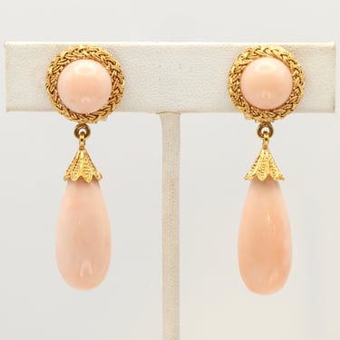 18 Karat Yellow Gold Angel Teardrop Earrings with Light Pink Coral, Italy 1960s