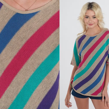 Striped Blouse 80s Woven Shirt Half Sleeve Top Retro Summer Bohemian Colorful Hippie Tan Blue Green Purple Pink Cotton Vintage 1980s Small S 