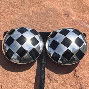 Vintage Mexico Sterling Silver and Onyx Checkered Domed Round Clip On Earrings 