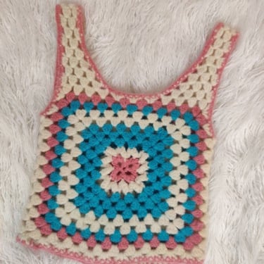 Handmade Crochet Tank Top // Sleeveless Pink and Blue Crop Top 