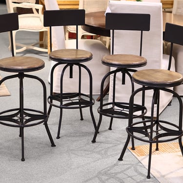 Set of 4 Ballard Design Allen Adjustable Height Stools in Grey with Pecan Seats
