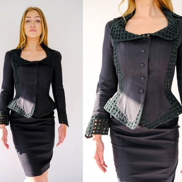 Vintage 80s Thierry Mugler Black Peplum Mesh Peek-A-Boo Power Jacket & High Waist Skirt Suit | Made in France | 1980s Designer Power Suit 