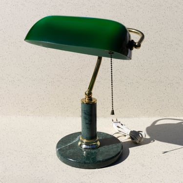 Vintage Green Marble Base Bankers Lamp, Brass and Green Glass Desk Lamp, Banker's Style Office Light, Marble Lamp, Vintage Home Decor 