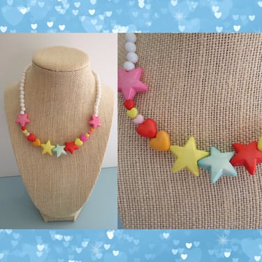 Vintage 80s Rainbow Star & Heart Choker - Colorful Beaded Necklace 