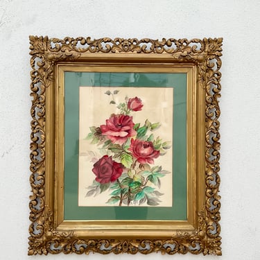 Antique Rose Painting with Ornate Frame
