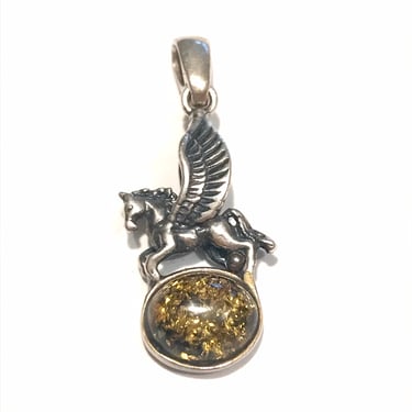 Vintage Sterling Pegasus Baltic Amber Pendant Estate Jewelry 1990s Marked KL 