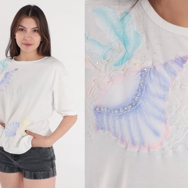 Under The Sea Shirt 80s White Sequin Beaded Top Pastel Shell Embroidered Fish Casual Blouse Short Sleeve Banded Hem Vintage 1980s Medium M 