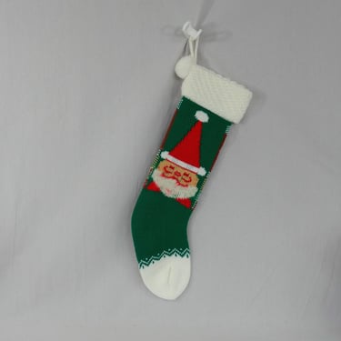 Vintage Knit Christmas Stocking - Santa Claus Head w/ Fuzzy Beard - Slender 18