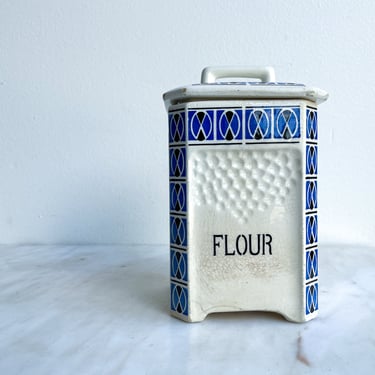 Antique Blue and White Stenciled Flour Canister French Farmhouse Kitchen Decor Kitchen Storage Cermaic Canister with Lid Germany Rustic Find 