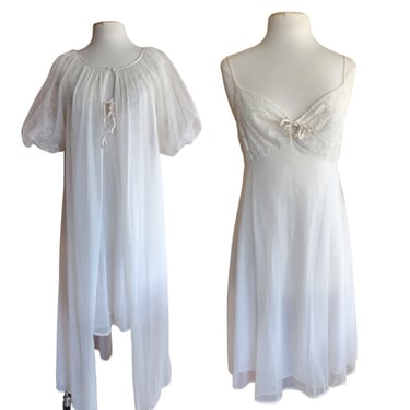 Vintage 50s Peignoir White Nylon Robe + Slip Dress Vanity Fair 