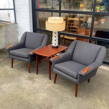 Pair of Restored Scandinavian Lounge Chairs in Charcoal Gray Wool