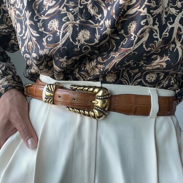 vintage genuine leather statement buckle ornate leather belt 