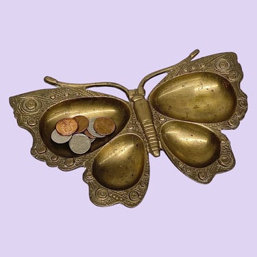 Vintage Butterfly Dish Retro 1970s Bohemian + Brass Metal + Gold + Four Divided Areas + Trinket or Ring + Storage Catchall + Boho Home Decor 