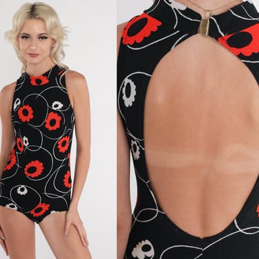 60s Floral Bathing Suit 70s Black One Piece Swimsuit Open Back Keyhole Flower Power Print Swim Suit Mock Neck Red 1960s Vintage Small XS 