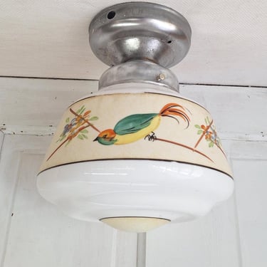 Vintage Painted Bird Pendant Light, Brass Bird Design Hanging Light, Bird and Flower Design Light 072701 