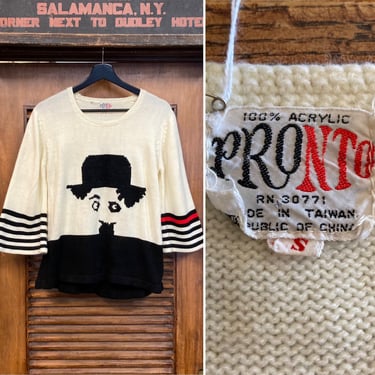 Vintage 1960’s “Pronto” Charlie Chaplin Movie Star Pop Art Acrylic Sweater Mod Bell Sleeve Detail, 60’s Hollywood, Vintage Clothing 