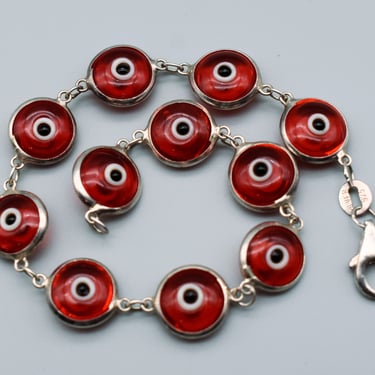 80's Malocchio eye of god cherry red glass sterling arcana bracelet, 925 silver hand blown glass evil eye stackable 