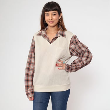 Vintage Plaid Button Down Twofer Shirt Beige Ribbed Sweater Vest Combo Nerdy Long Sleeve Layered Look Grunge Fall 2fer Nerd Top Medium Large 
