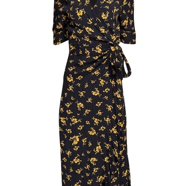 Ganni - Black w/ Yellow Floral Print Wrap Dress Sz 10