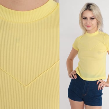 Yellow Baby Tee 70s Ribbed T-Shirt Semi-Sheer Mock Neck Top Simple Basic Plain Mockneck Fitted T Shirt Retro Vintage 1970s Extra Small xs 