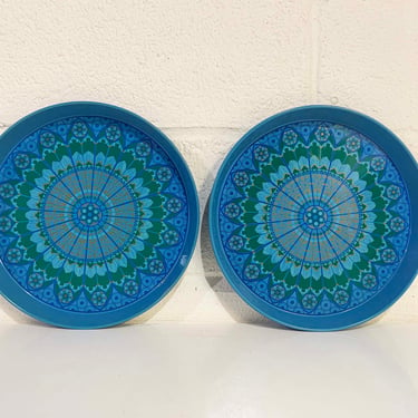 Vintage Turquoise Blue Set of 2 Metal Drink Trays Plate Retro Round Mid-Century Pair Geometric Barware Serving Ornate 1960s 