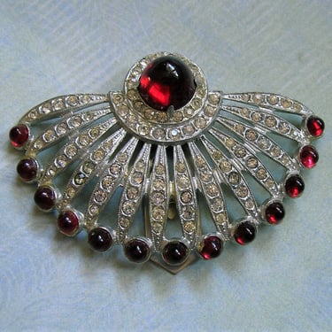 Vintage Art Deco Rhinestone Paste Dress Clip With Red Bullet Stones, 1930's Rhinestone Dress Clip (#3948) 