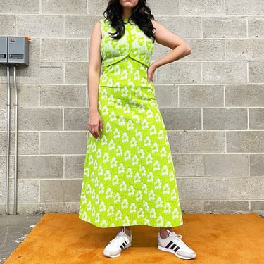 Vintage Dress Retro 1960s Kay Windsor + The Look You Love + Size 10 + Lime Green + Daisy Print + Maxi Length + Sleeveless + Womens Apparel 