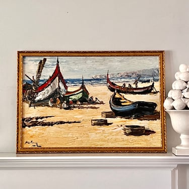 Large Vintage Oil Painting Fishing Boats Impressionist Seascape 