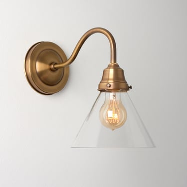 Clear Cone Shade - Gooseneck Wall Sconce -Task Lighting - Brass Wall Lamp - Kitchen Fixture 