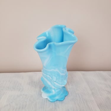 Vintage Fenton Blue Marble Vase /Cabbage Rose Handkerchief Akro Agate 