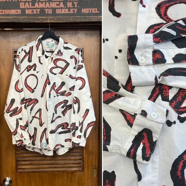 Vintage 1980’s Atomic New Wave Skate Cotton Loop Collar Graffiti Print Shirt, 80’s Vintage Clothing 