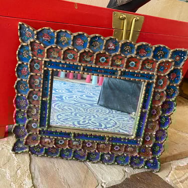 Vintage Peruvian Mirror Folk Art Painted Floral Glass Hanging Wall Ethnic Decor 18 by 15 Inco 