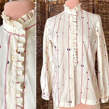Ruffle Collar Blouse, Vintage 70s Top, Secretary Blouse, High Neck, Stripes and Dots 