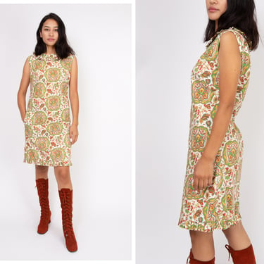 Vintage 1960s 60s Psychedelic Paisley Column Style Cotton Shift Dress w/ Pockets and Pintucking 