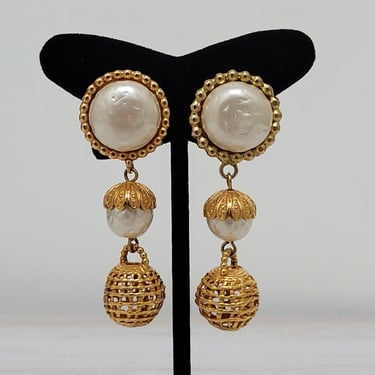 Vintage Dominique Aurientis Pearl Triple Drop Earrings in Goldtone - French Costume Jewelry 